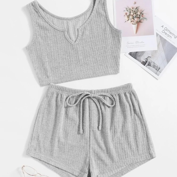 Rib-knit notched drawstring lounge set - Picture 1 of 4